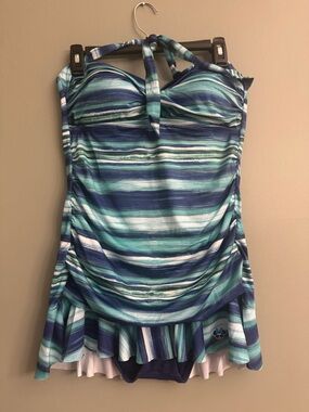 Disney Parks Minnie Mouse Striped Halter One Piece Swimsuit Ruched Large NWOT